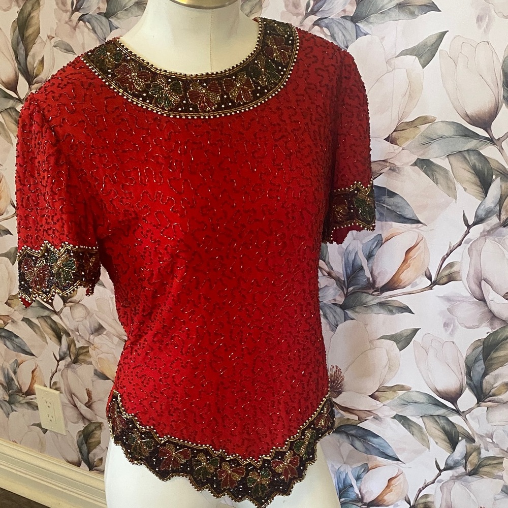 Laurence Kazar Red Beaded Blouse with Gold Accents